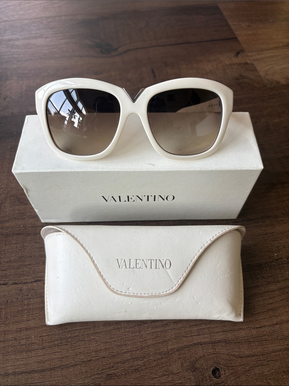 Valentino Ivory Oversized Cat-Eye Sunglasses with Gradient Brown Lenses